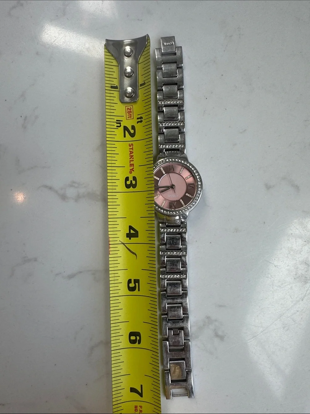 Fossil Virginia Stainless Steel 3 hand watch Pink Dial Crystals